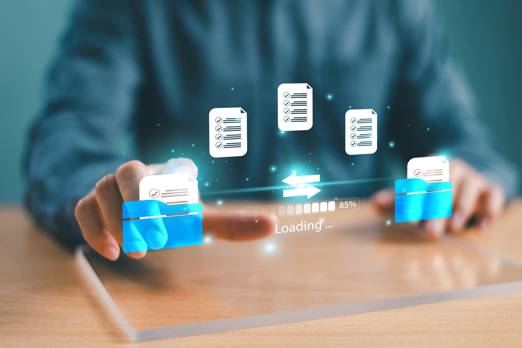 An illustration of a data transfer with animated files being moved from one folder to another folder on a computer